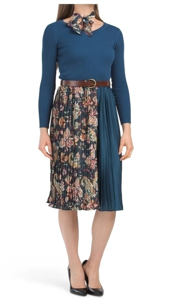 Dalia Macphee Jewel Neck Sweater Dress with Paisley Pleated Skirt
